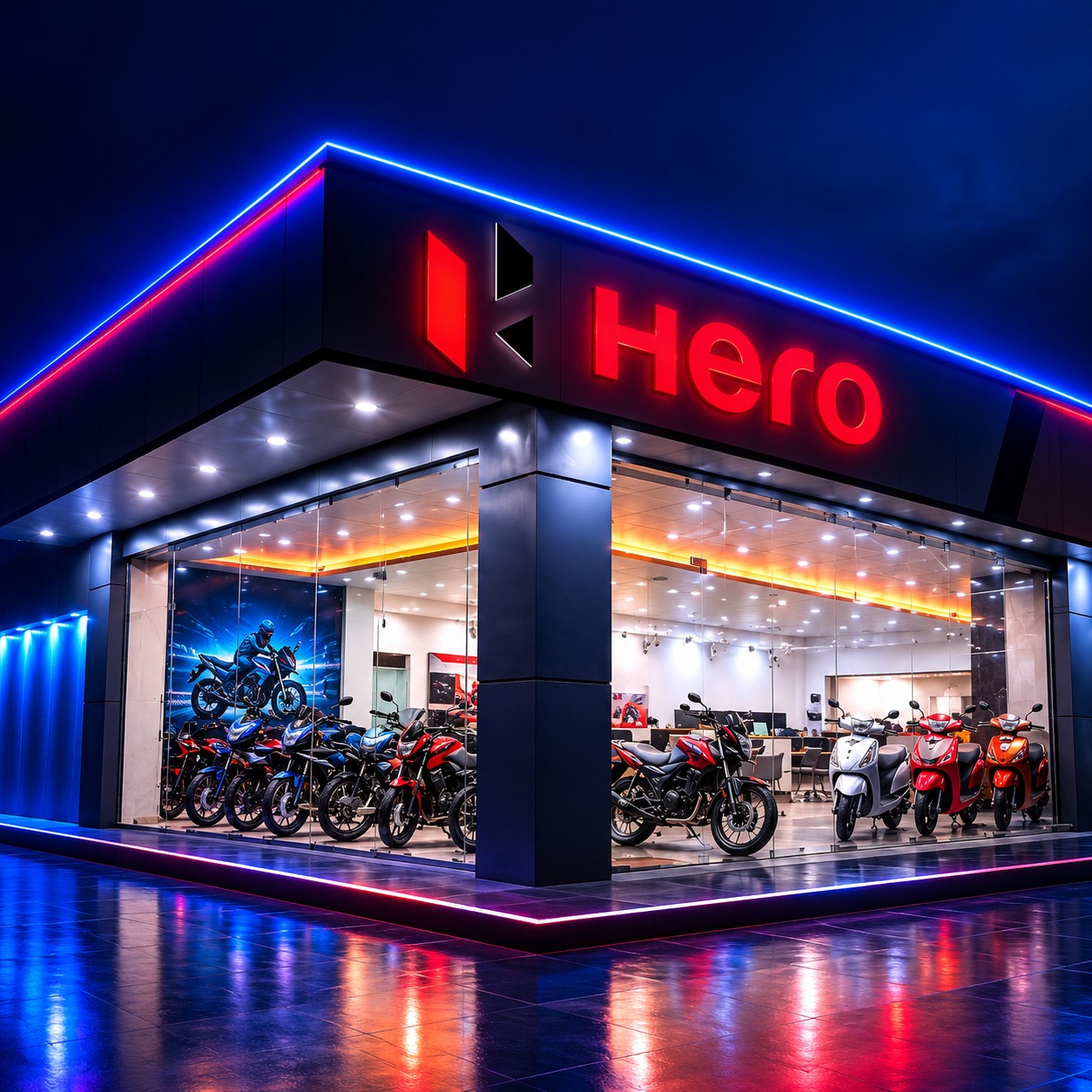 Hero showroom in Hata lit up at night